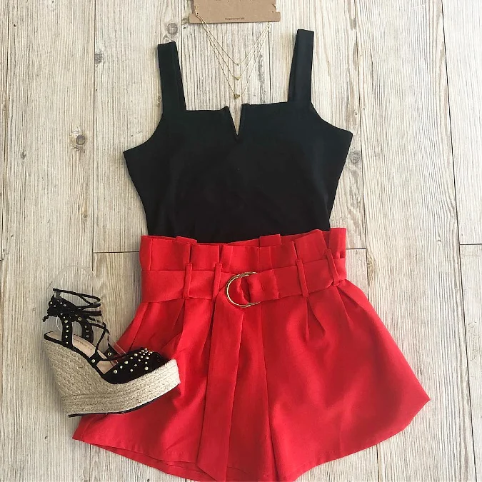 Black Bodysuit with Red Paperbag Shorts