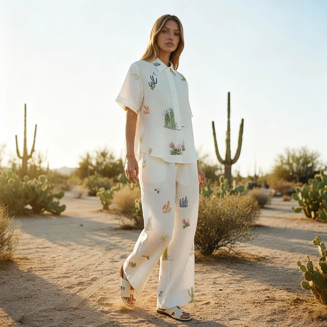 Desert Cactus Print White Linen Lounge Set