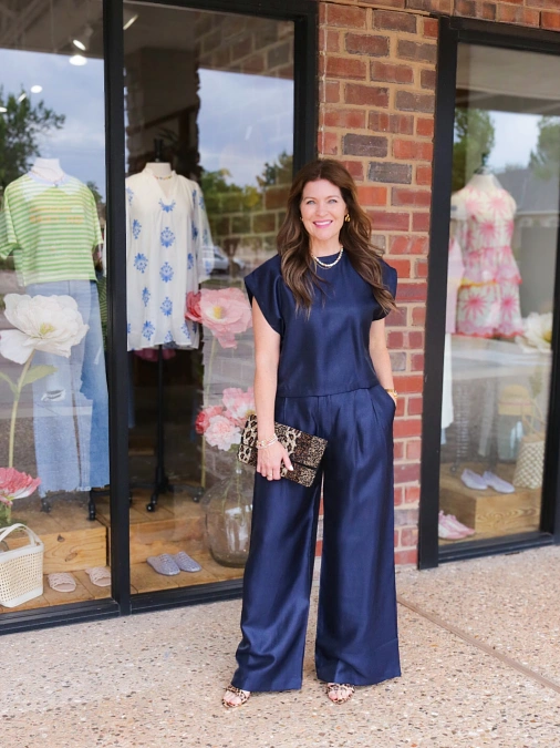 Navy Satin Set with Wide Leg Pants