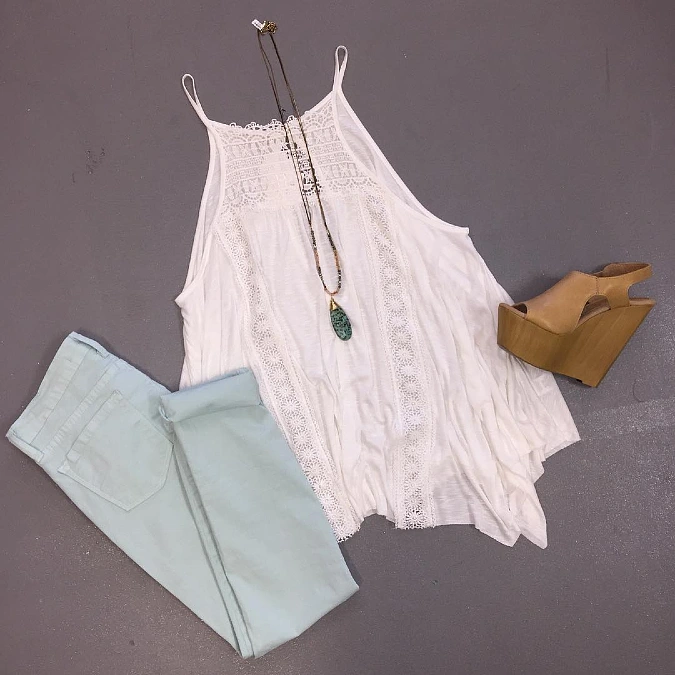 White Lace Tank with Pastel Blue Jeans