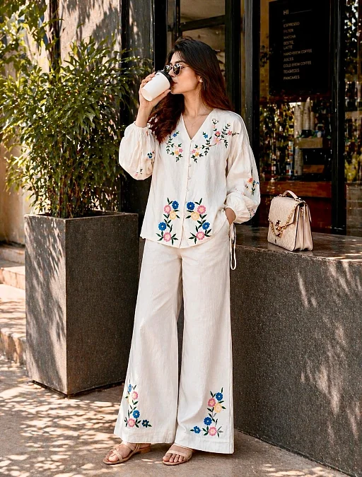Embroidered Co Ord Set with Wide Leg Pants
