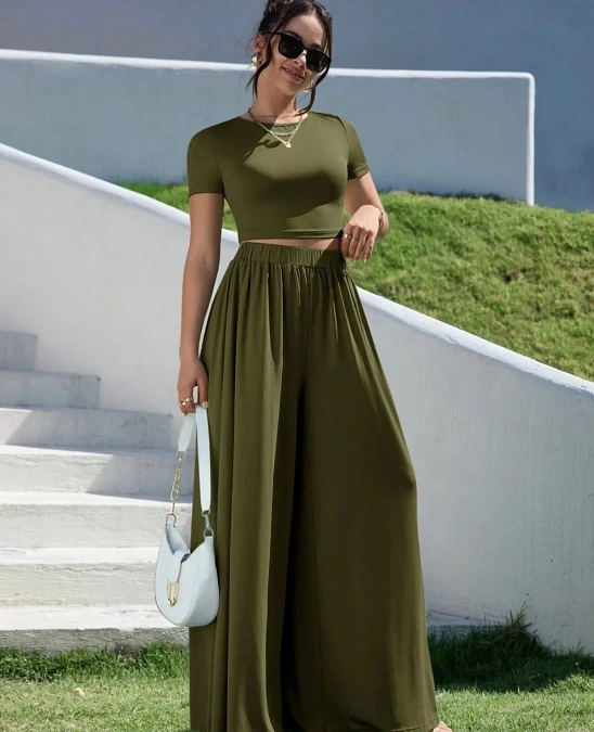 Olive Green Crop Top with Flowing Palazzo Pants