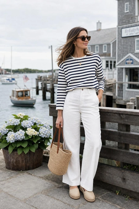 Breton Stripe Top with White Wide Leg Trousers