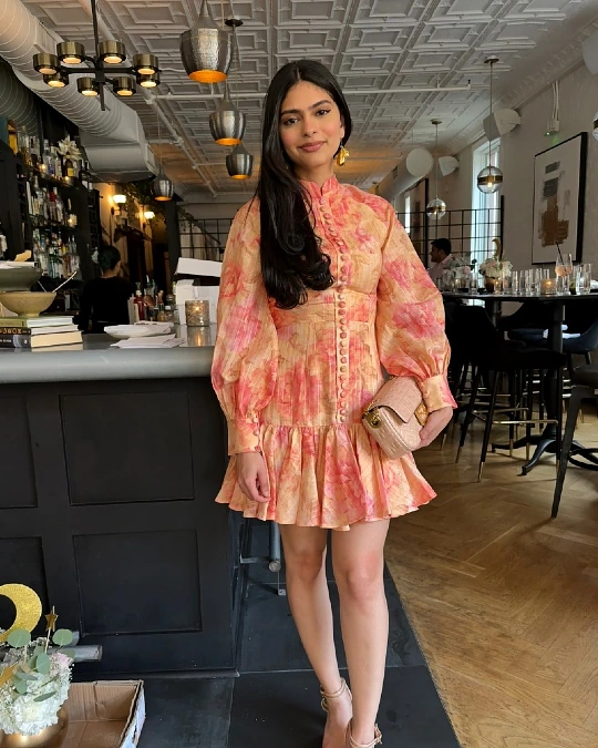 Peach and Pink Floral High Neck Mini Dress