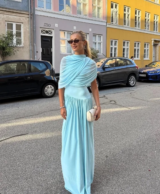 Light Blue Draped Maxi Dress