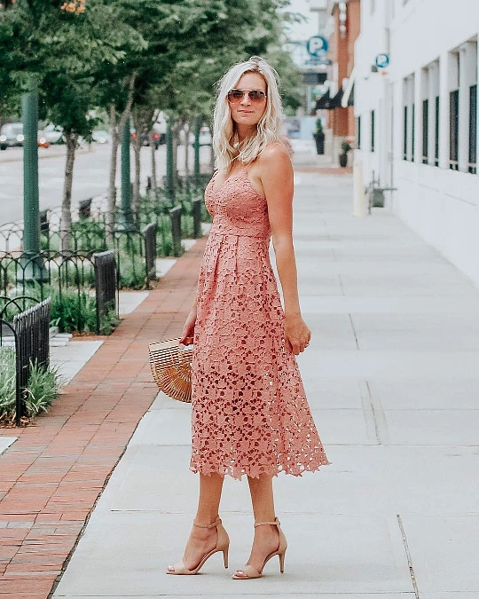 Mauve Pink Lace Midi Dress