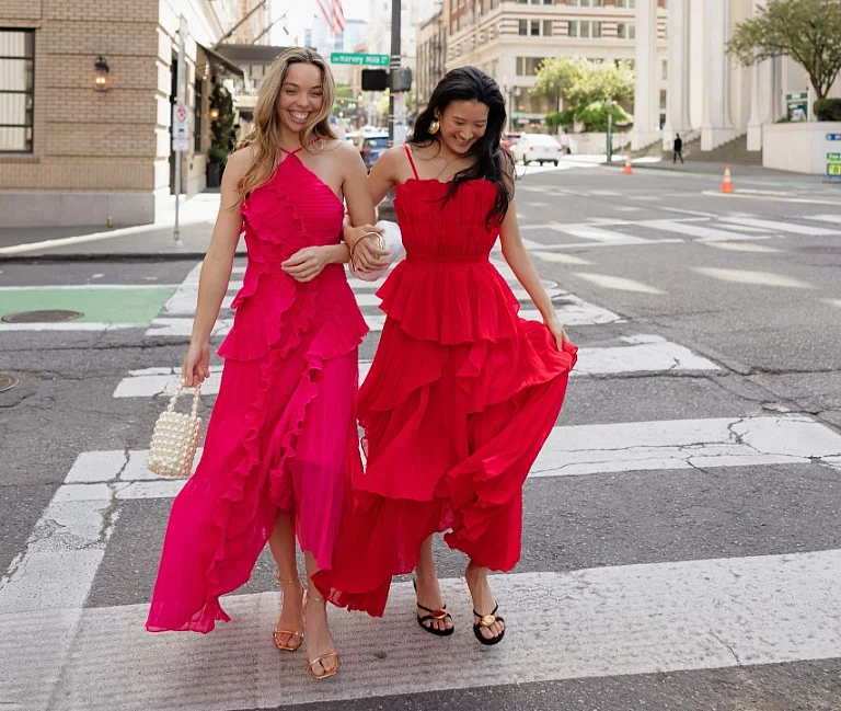 Vibrant Fuchsia and Crimson Tiered Maxi Dresses
