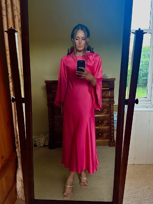 Hot Pink Satin Bell Sleeve Dress