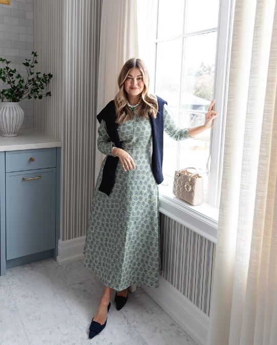 Sage Green Block Print Midi Dress with Layered Sweater