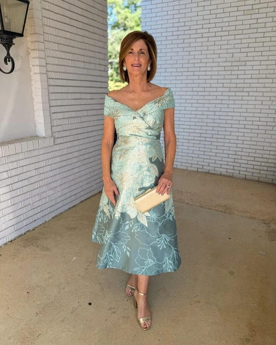 Mint and Teal Brocade Off the Shoulder Dress