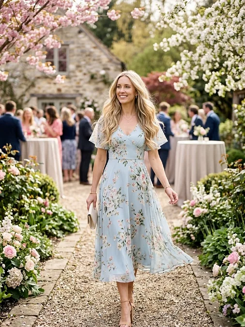 Light Blue Floral Chiffon Midi Dress
