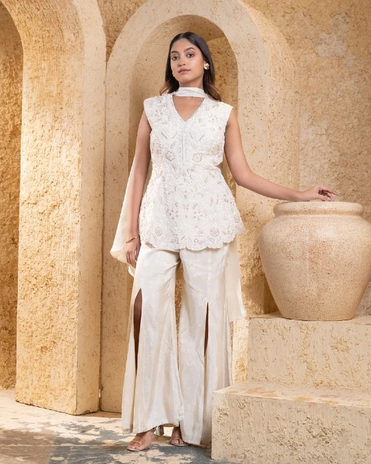Ivory Embroidered Tunic and Slit Palazzo Set