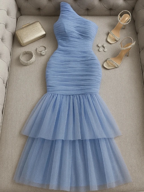 Periwinkle Blue One Shoulder Tulle Dress