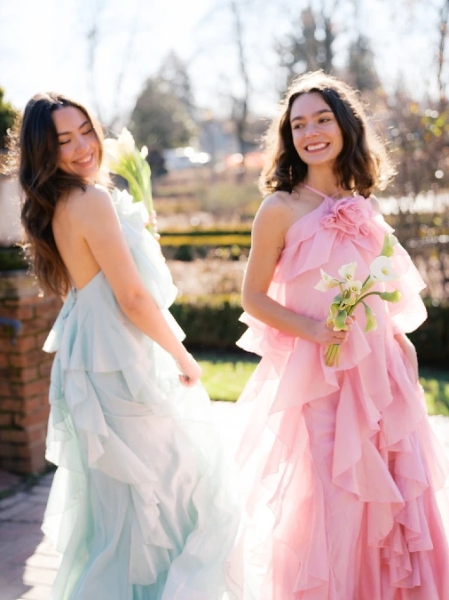 Pastel Pink and Mint Ruffled Organza Gowns