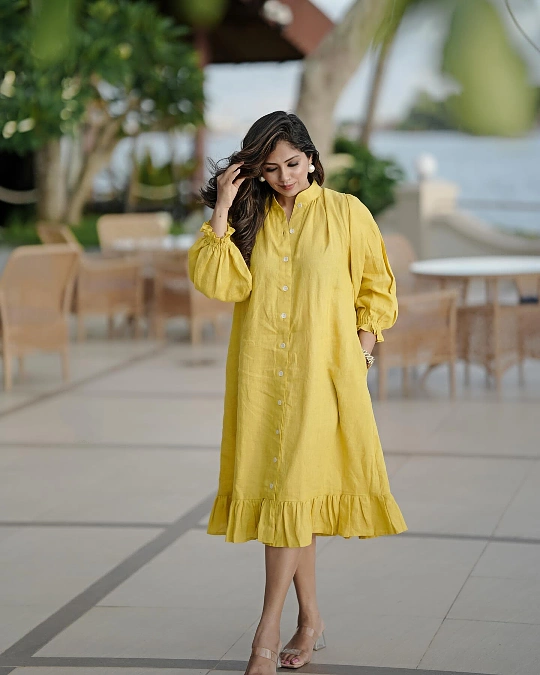Vibrant Mustard Yellow Linen Shirtdress
