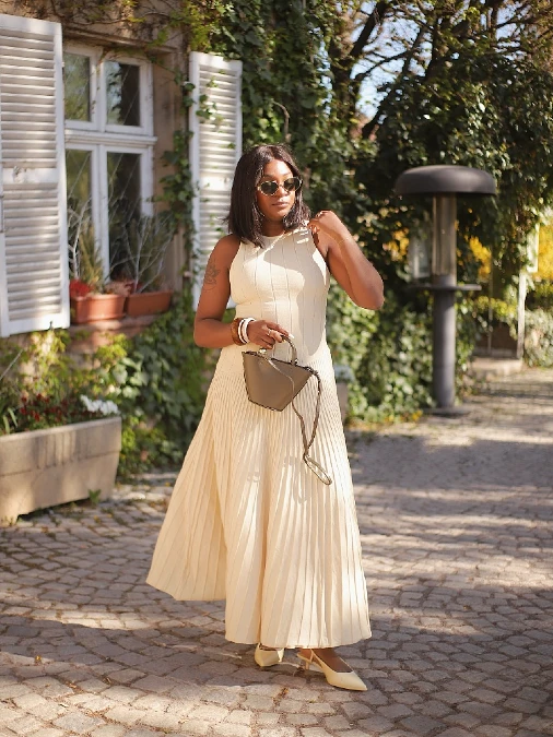 Cream Pleated Midi Dress With Neutral Accessories