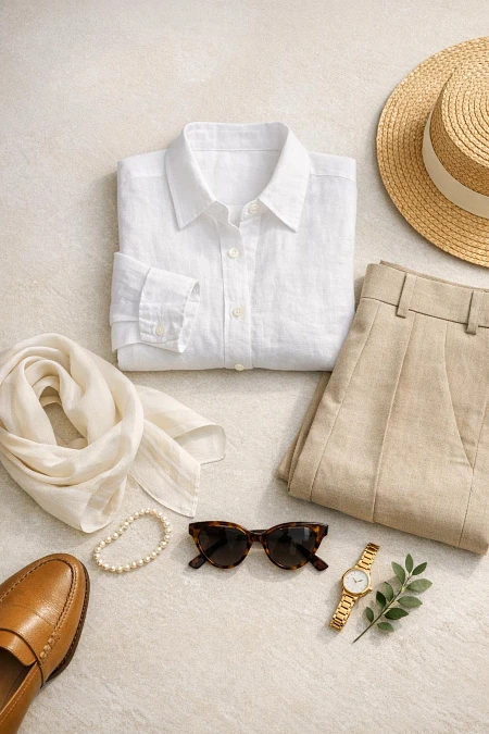 White Linen Shirt With Beige Tailored Trousers And Classic Summer Accessories