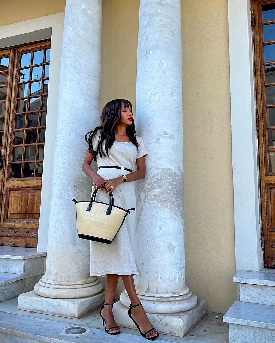 Cream Belted Midi Dress With Structured Black Accessories