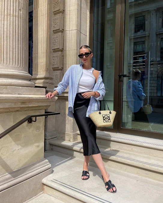 White Tank With Light Blue Shirt And Black Midi Skirt