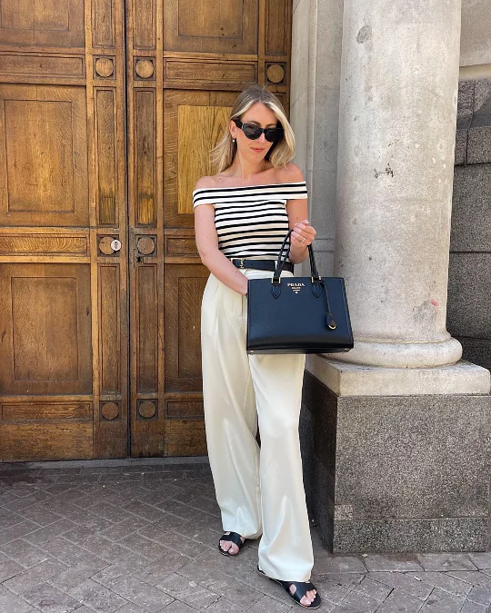 Off Shoulder Striped Top With Cream Wide Leg Trousers