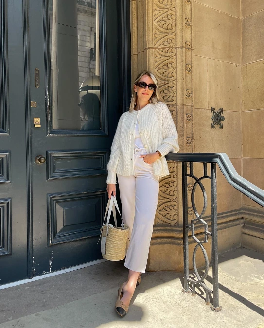 White Knit Cardigan With Soft Neutral Trousers