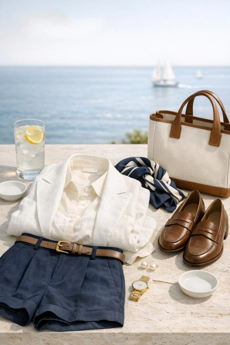 White Linen Shirt With Navy Tailored Shorts And Classic Accessories