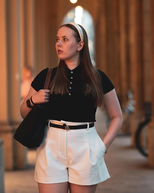 Black Polo Top With White Tailored Shorts