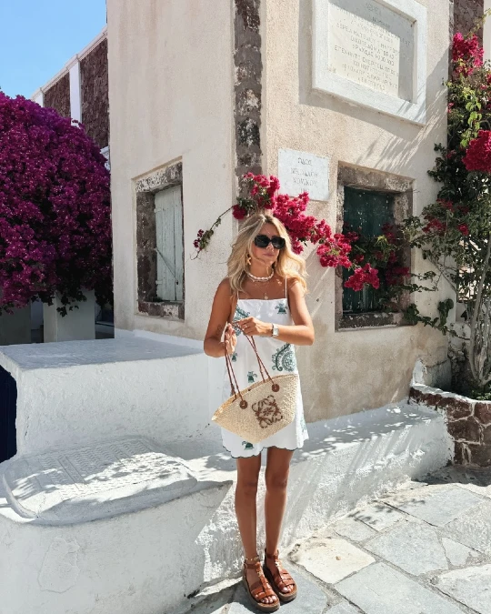 White Sundress With Woven Beach Tote