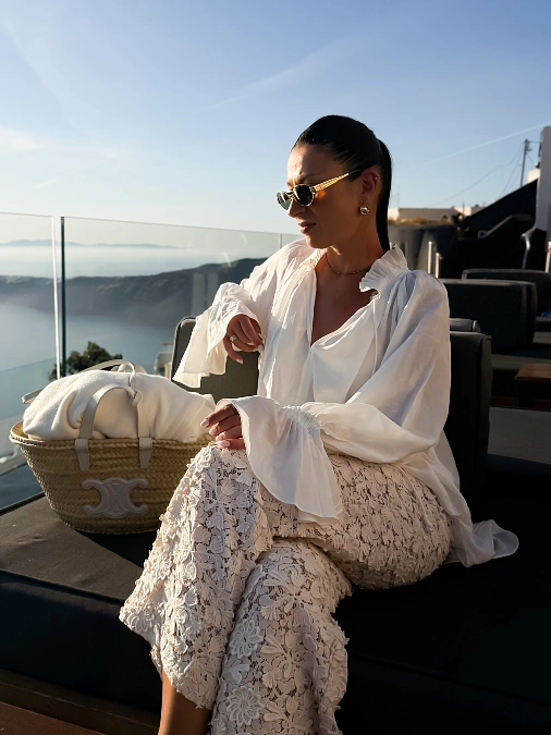 Flowing White Blouse With Lace Trousers