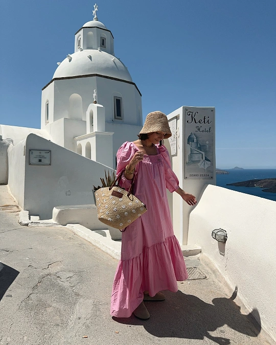 Pink Puff Sleeve Maxi Dress With Straw Hat