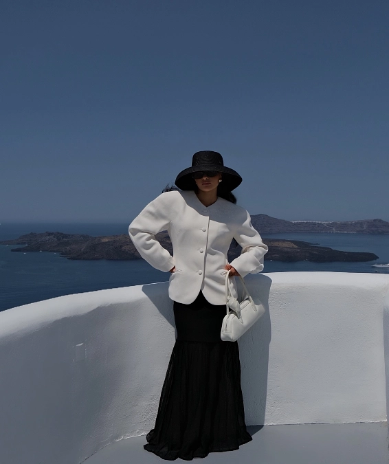 White Structured Jacket With Black Maxi Skirt