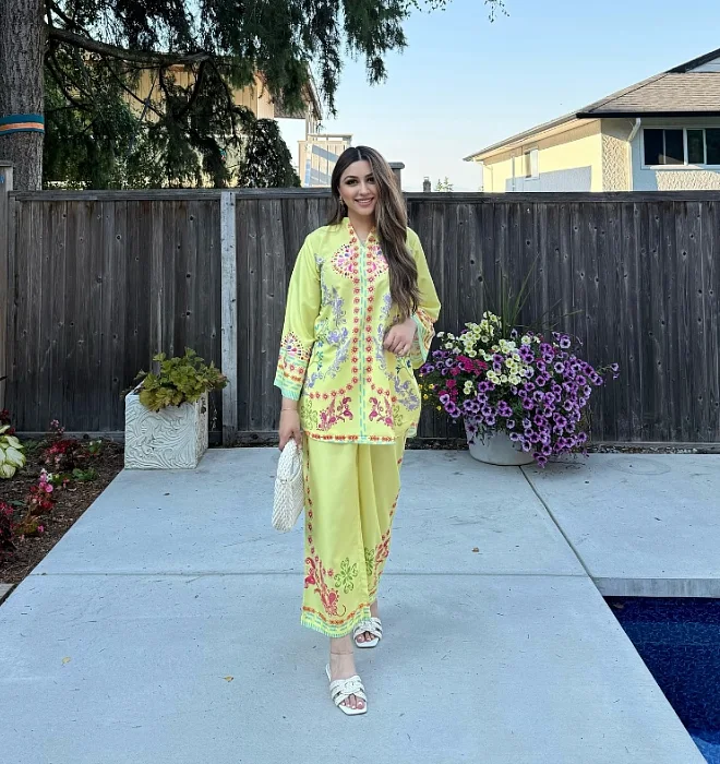 Vibrant Lime Green Embroidered Two Piece Set