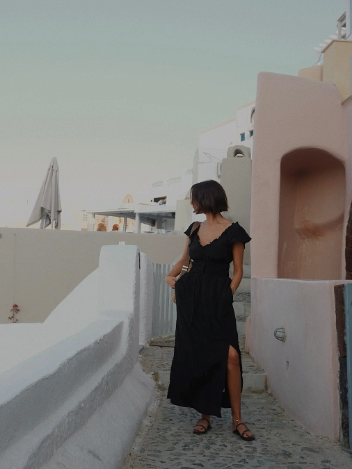 Black Ruffle Maxi Dress With Flat Sandals