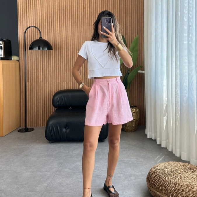 High Waisted Pink Linen Shorts