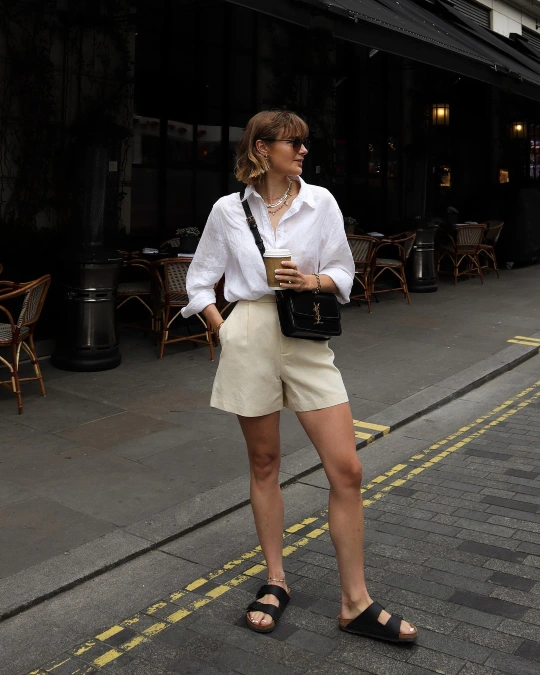 Cream Linen Shorts City Coffee Look