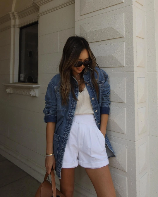 White Linen Shorts Denim Layered Look
