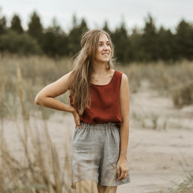 Grey Elastic Waist Linen Shorts Dune Look