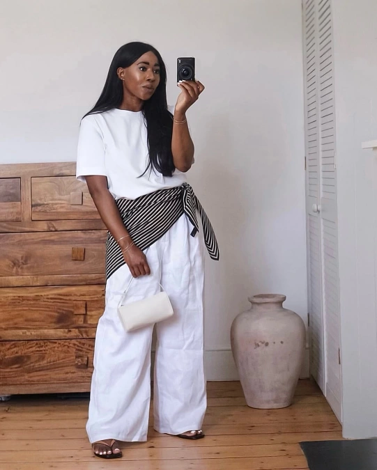 White Tee With Striped Waist Tie Summer Look