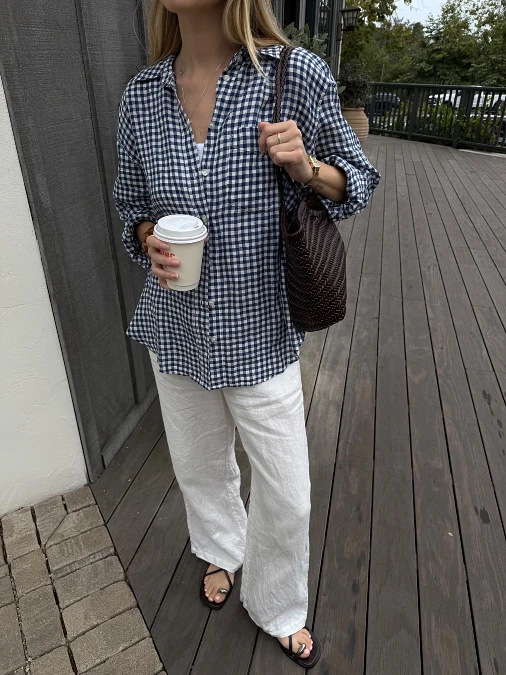 Blue Gingham Shirt Coffee Run Summer Mom Outfit