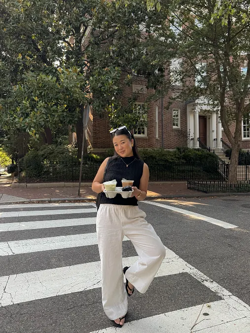 Black Sleeveless Top With Cream Wide Leg Coffee Run Look