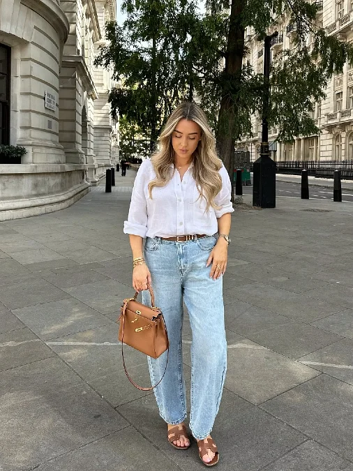 High Waisted Wide Leg Jeans and Button Up Shirt