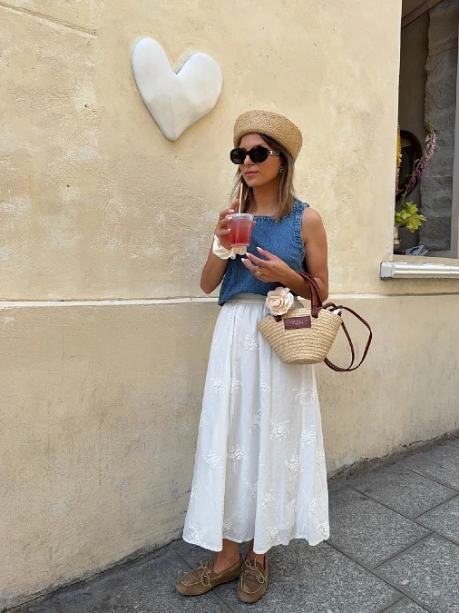 High Waisted White Maxi Skirt and Denim Top
