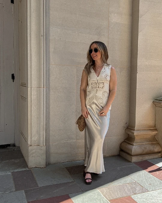 Crochet Vest and Satin Maxi Skirt