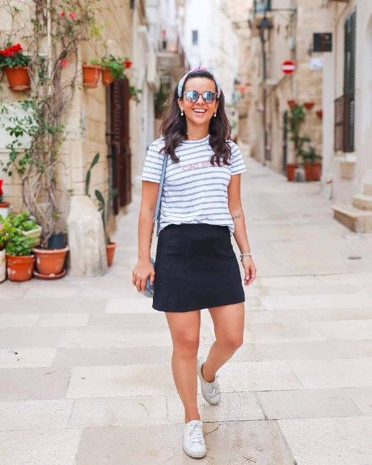 Black Mini Skirt and Striped Tee