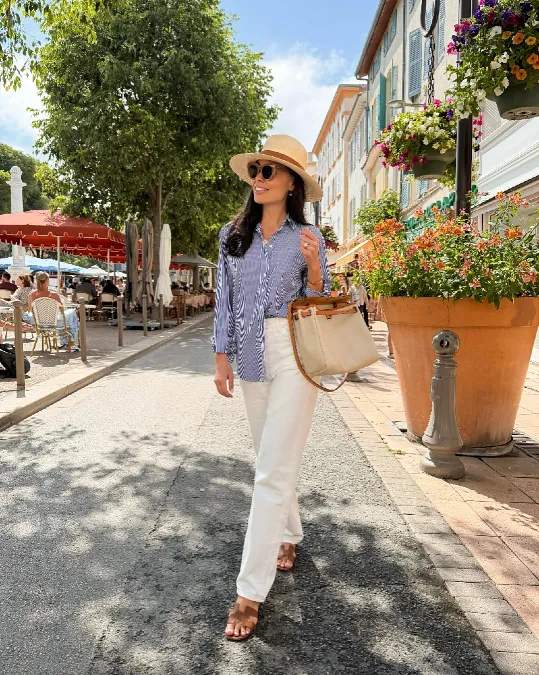 Striped Button Down Shirt and White Pants