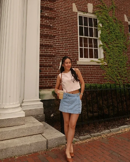Denim Mini Skirt and Pink Crop Top