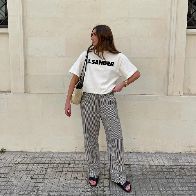 Minimal Logo Tee and Striped Relaxed Pants Outfit