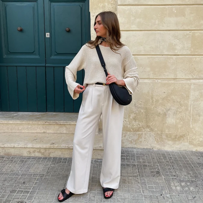 Neutral Knit Sweater and Wide Leg Trousers Outfit