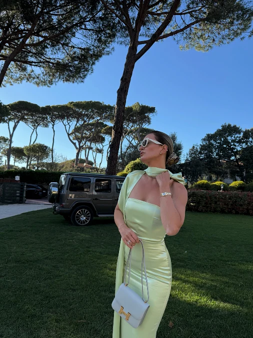 Satin Green Halter Dress Outfit