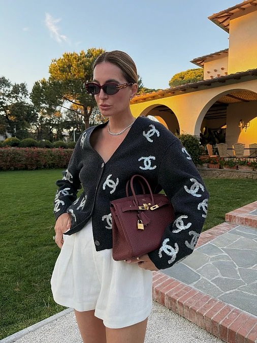 Logo Cardigan and White Shorts Outfit